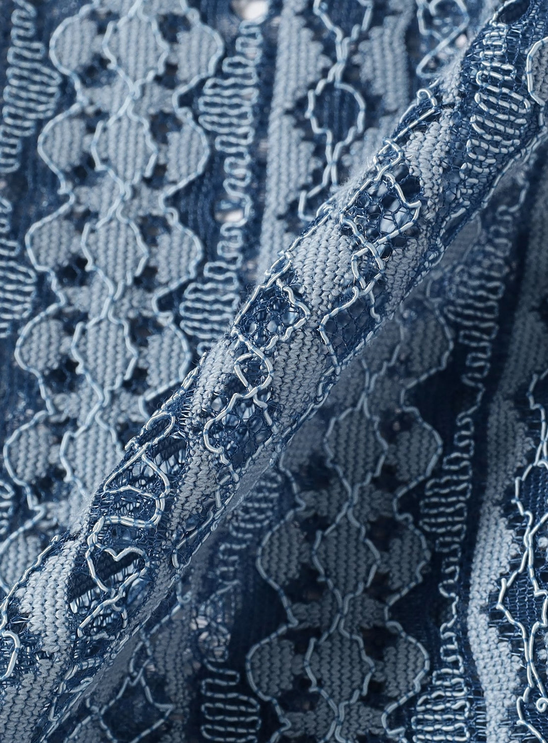 Close-up of blue lace fabric with intricate patterns