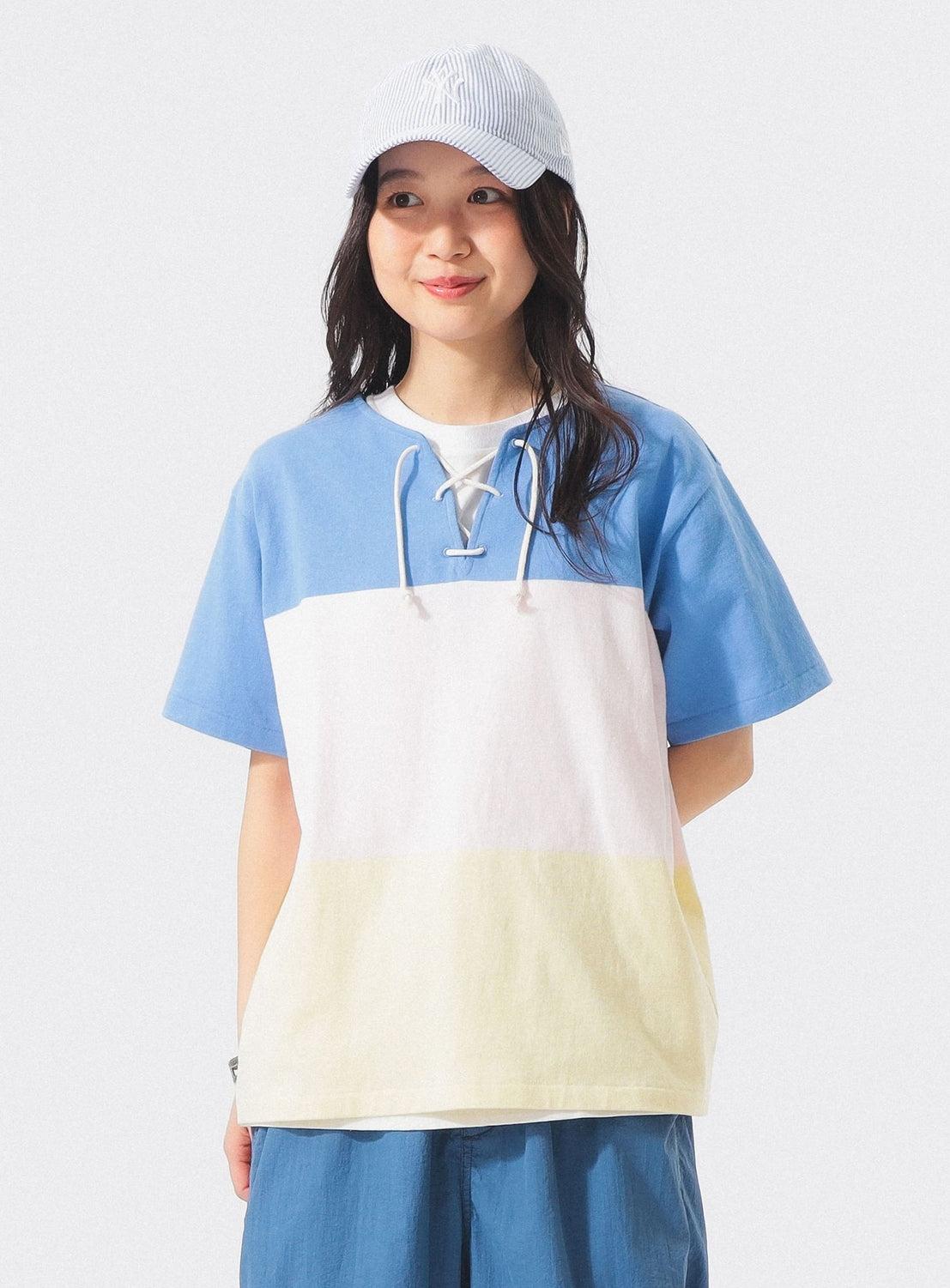 Wide Border Lace-Up Short Sleeve Top