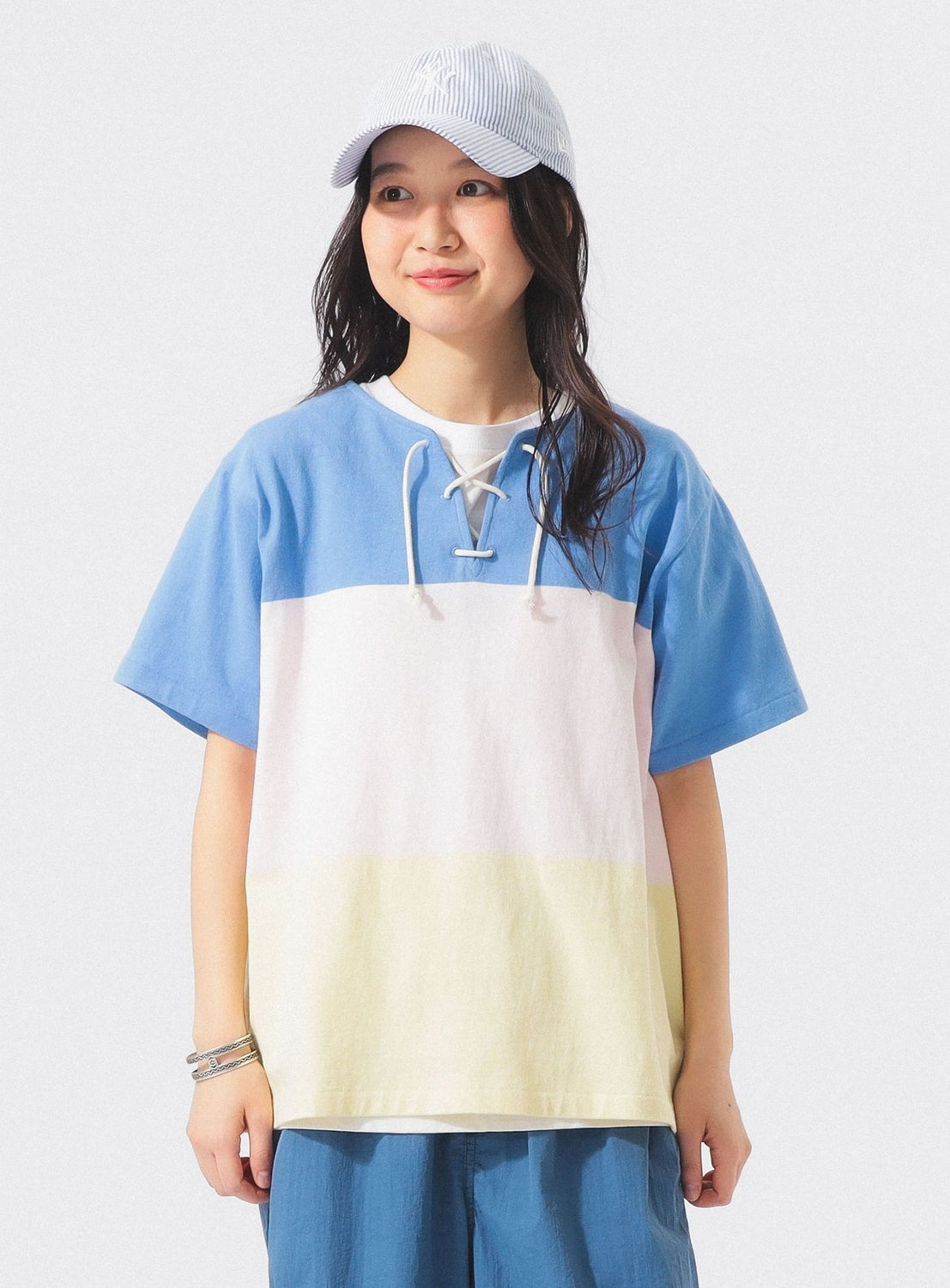 Wide Border Lace-Up Short Sleeve Top