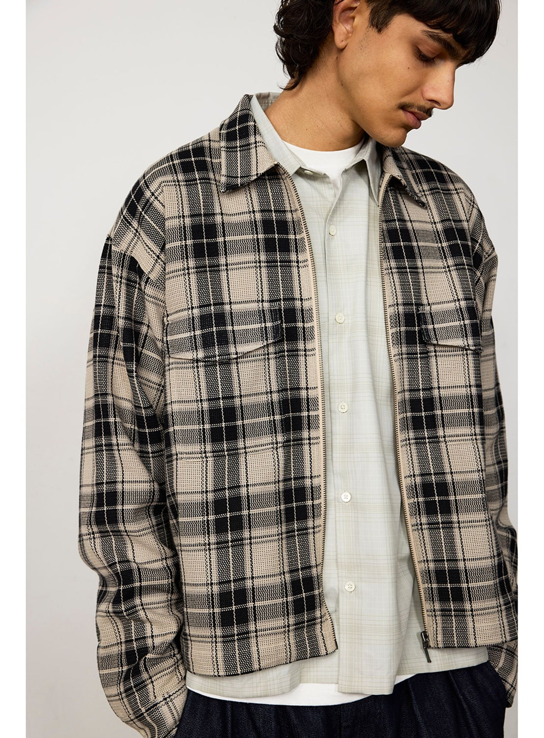 A person wears a beige and black BEAMS Classic Check Mesh Zip-Up Shirt over a light-colored button-down.