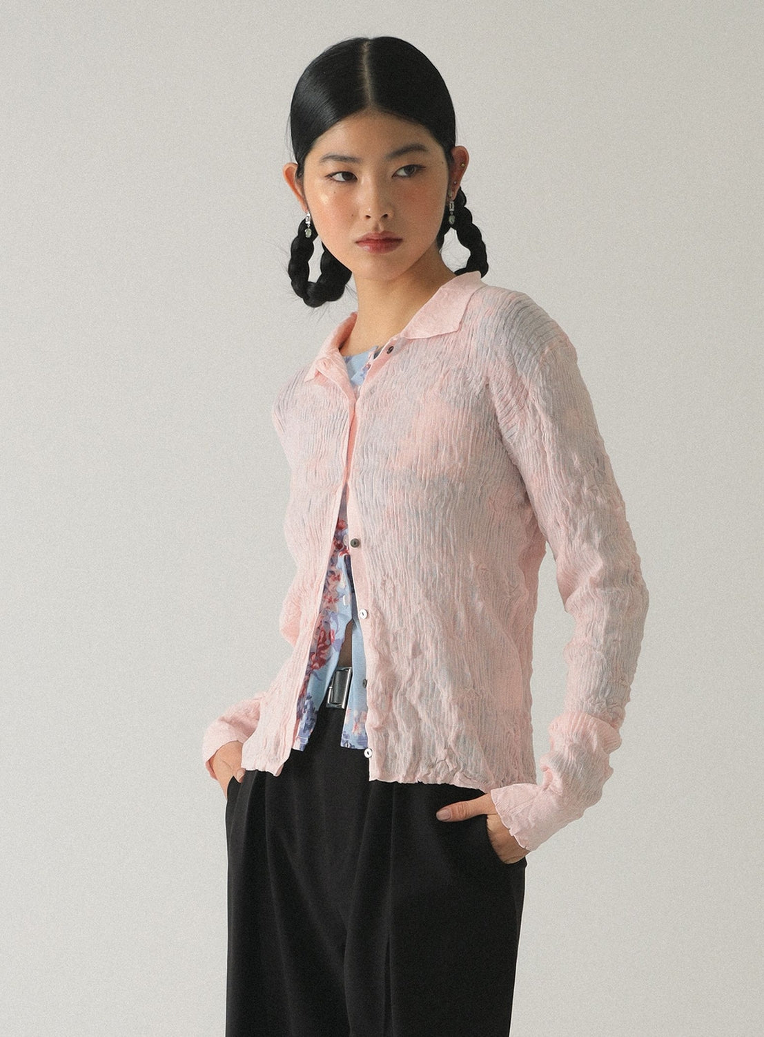 Sheer Rib Knit Polo Cardigan