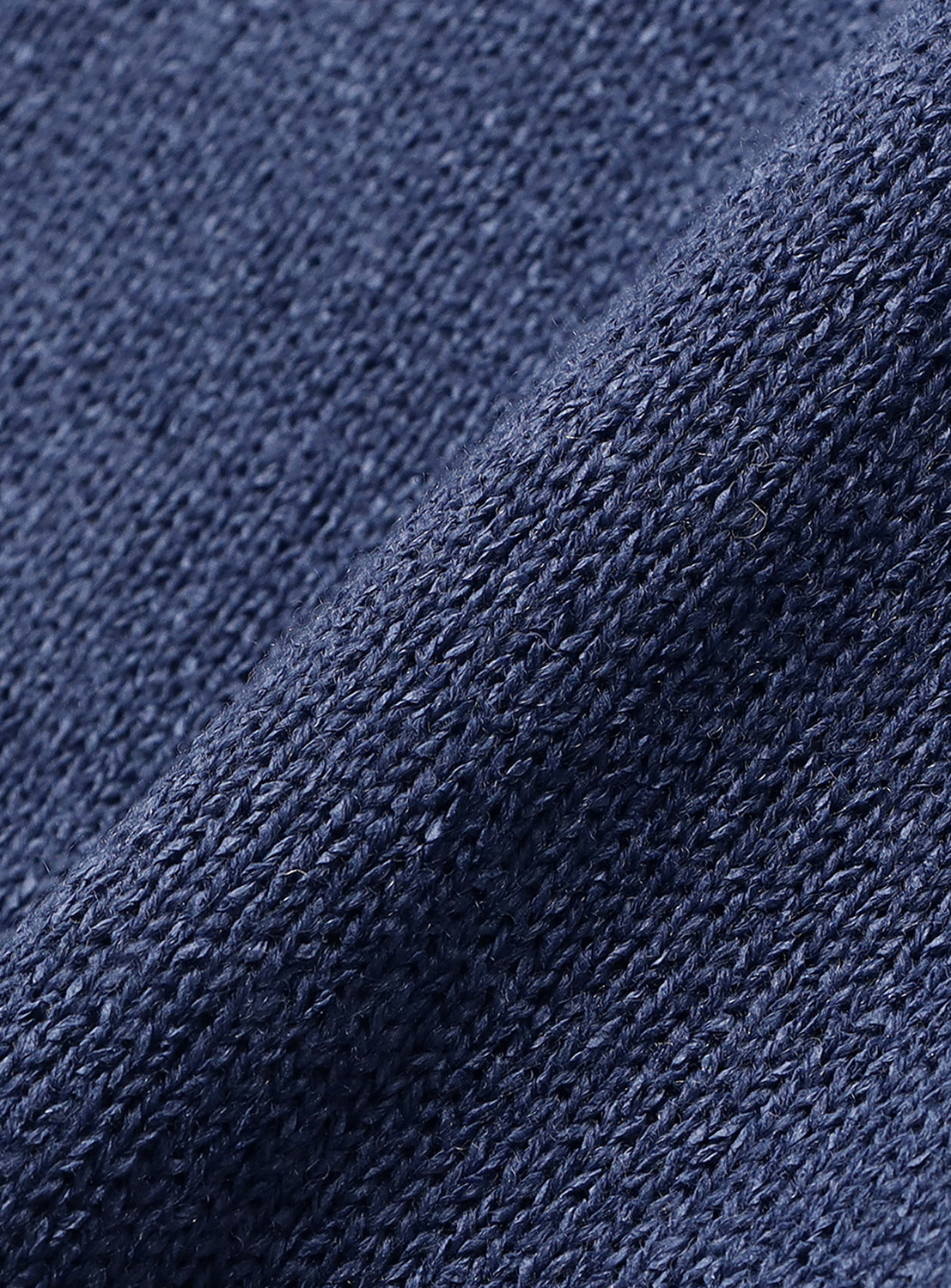 Close-up of the navy blue melange knit fabric of a 7-Gauge Washi Crew Neck Knit, featuring a visible, textured stitch pattern.