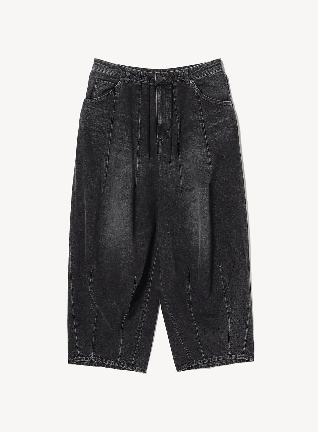 Front view of black washed denim H.D. jeans featuring a distinctive voluminous barrel-leg silhouette created by darting at the waist and hem. Designed with a button closure, adjustable drawstring waistband, classic five-pocket construction, and a faded vintage finish.