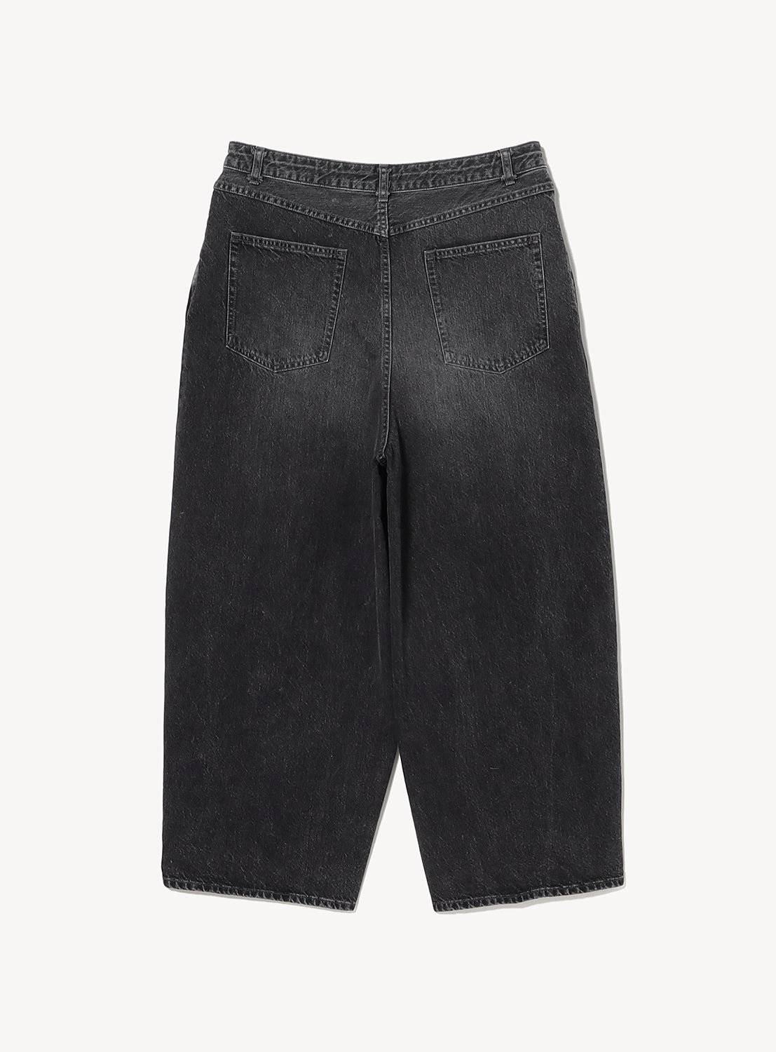 Back view of black washed denim H.D. jeans showcasing the signature curved wide-leg silhouette. Features two back patch pockets, belt loops, and a washed finish that enhances the vintage-inspired appearance.