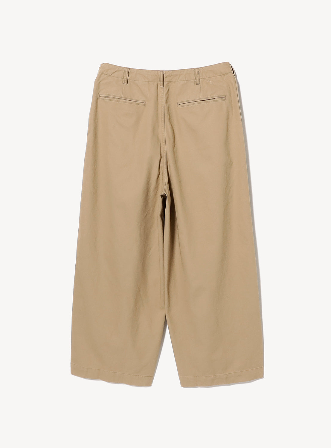 Back view of beige wide-leg chino pants showcasing the signature H.D. silhouette. Features two welt back pockets and a clean rear design, with the relaxed, curved leg shape emphasizing the pants' unique three-dimensional construction.