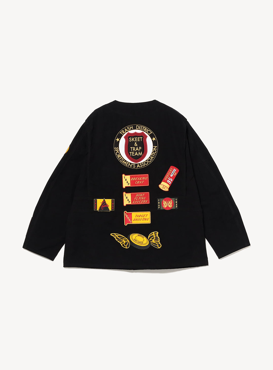 black jacket with patches on a white background