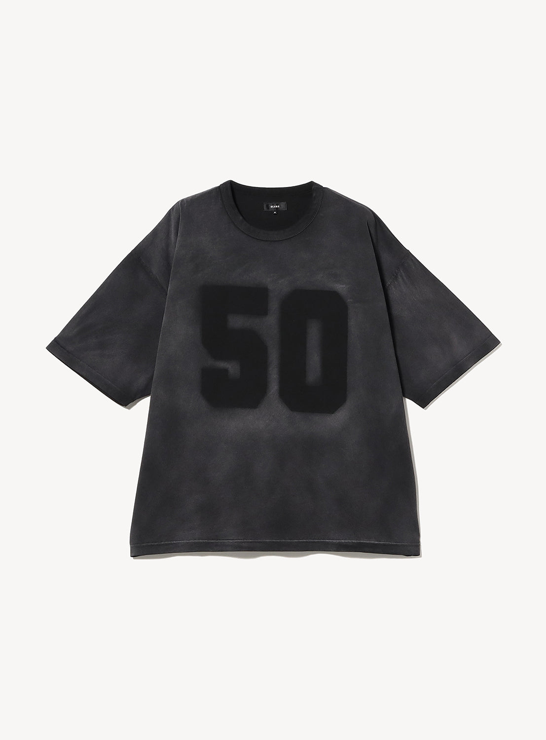 black t-shirt with "50" on white background