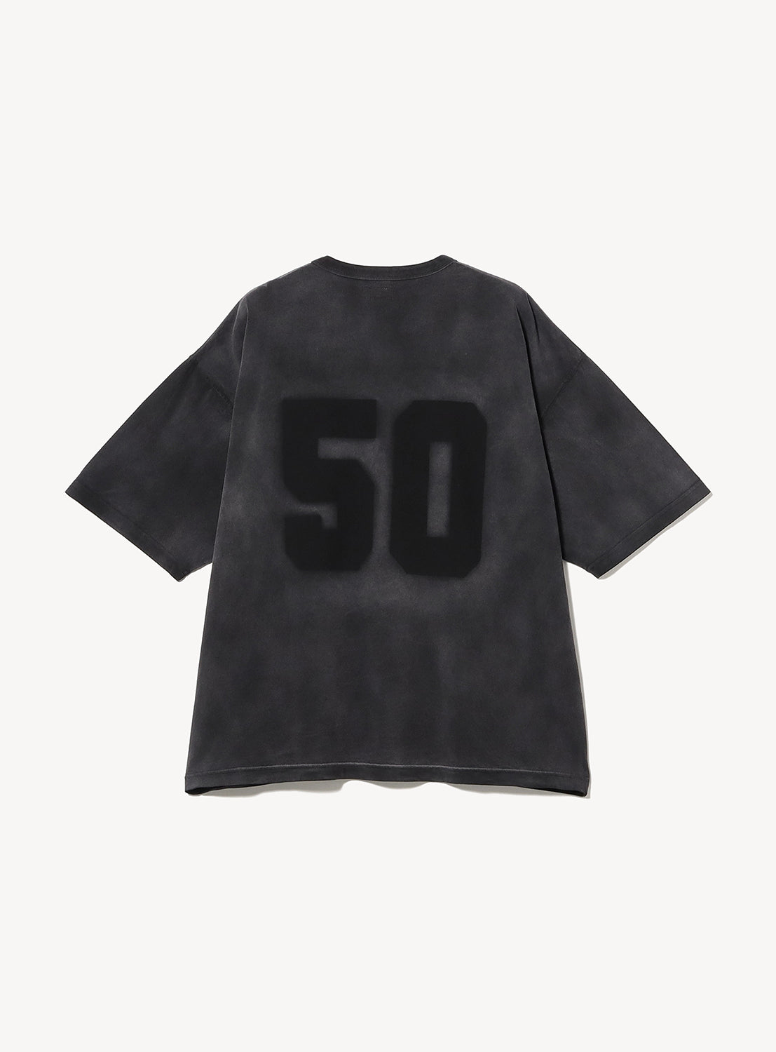 black t-shirt with "50" on white background