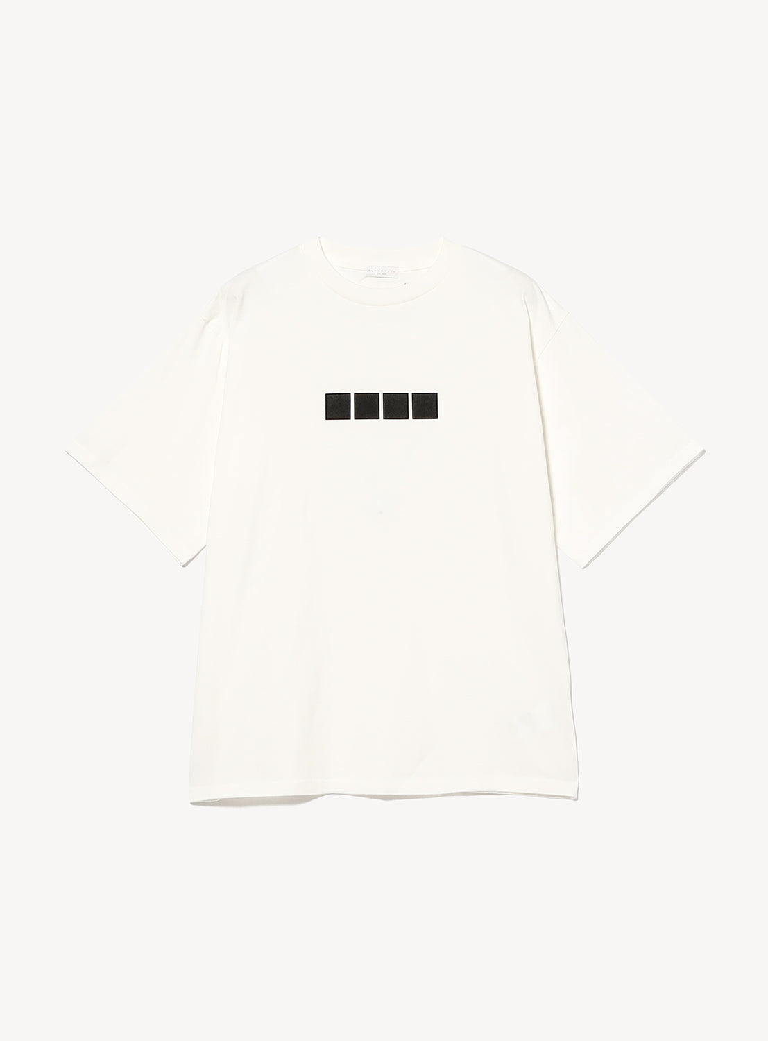 The F-LAGSTUF-F Box Logo T-Shirt is a heavyweight cotton jersey tee in plain white, featuring five small black squares arranged in a horizontal row across the chest. It is displayed on a white background.