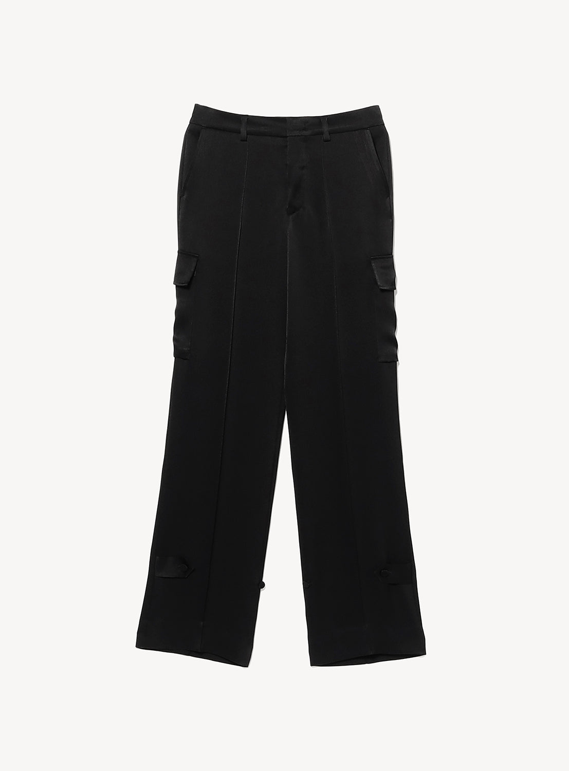 The Satin Cargo Trousers by KANAKO SAKAI are black, straight-leg pants made from sleek satin fabric, featuring side pockets, front pleats, and belt loops, shown laid flat on a white background.
