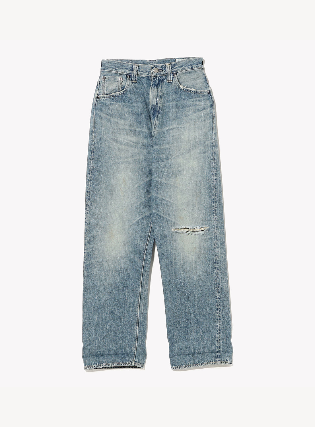 Light blue denim jeans with a slight distressed look on a white background