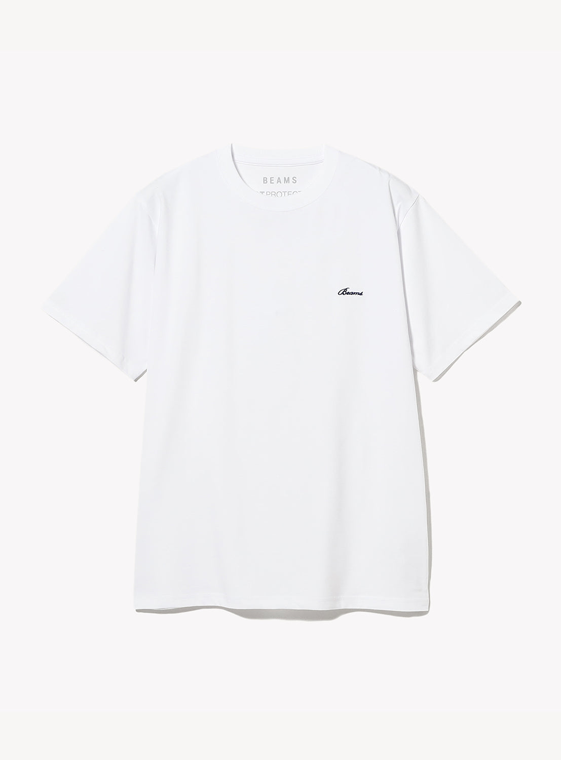 White t-shirt with a small logo on a white background