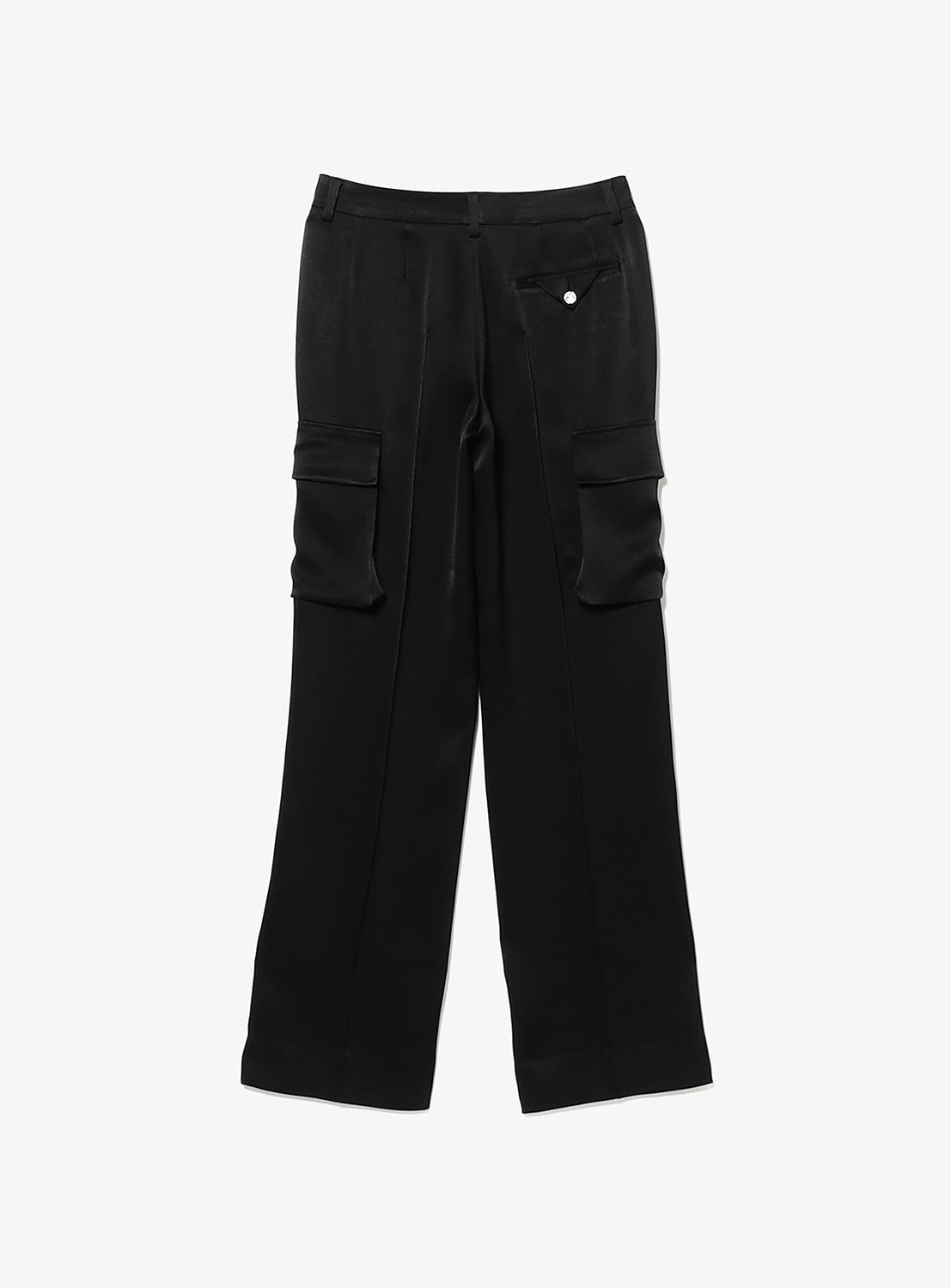 Satin Cargo Trousers by KANAKO SAKAI, designed in black with a straight-leg silhouette, feature sleek satin fabric, side flap pockets, and a single buttoned back pocket, displayed flat on a white background.