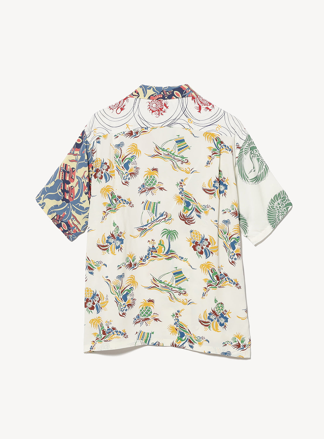 The SUN SURF Exclusive Patchwork Aloha Shirt 26SS is a relaxed-fit, short-sleeve button-up featuring a colorful, mixed vintage-inspired print with floral, abstract, and wave patterns in red, green, blue, and yellow on white with contrasting sleeves.