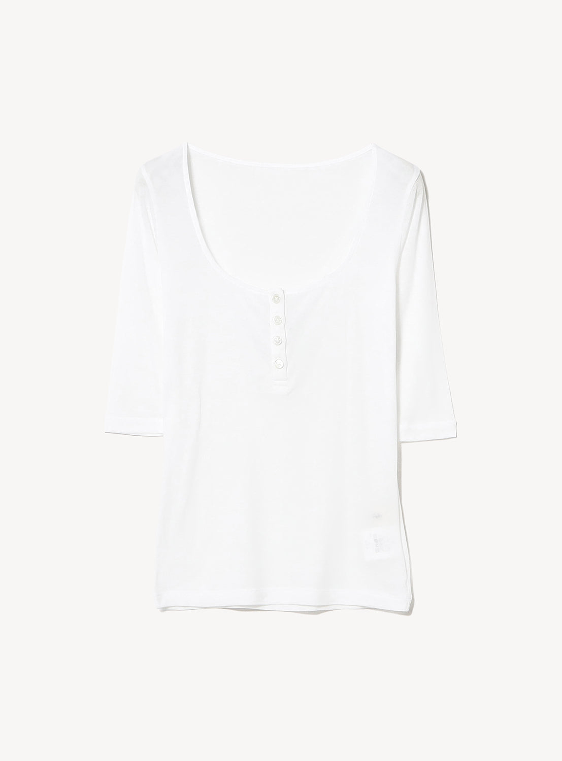The Ernie Palo Sheer Henley Neck T-Shirt is a women’s scoop-neck top with feminine styling, three-quarter sleeves, and a five-button placket. Made in a lightweight cut-and-sew design, it's shown on a white background.