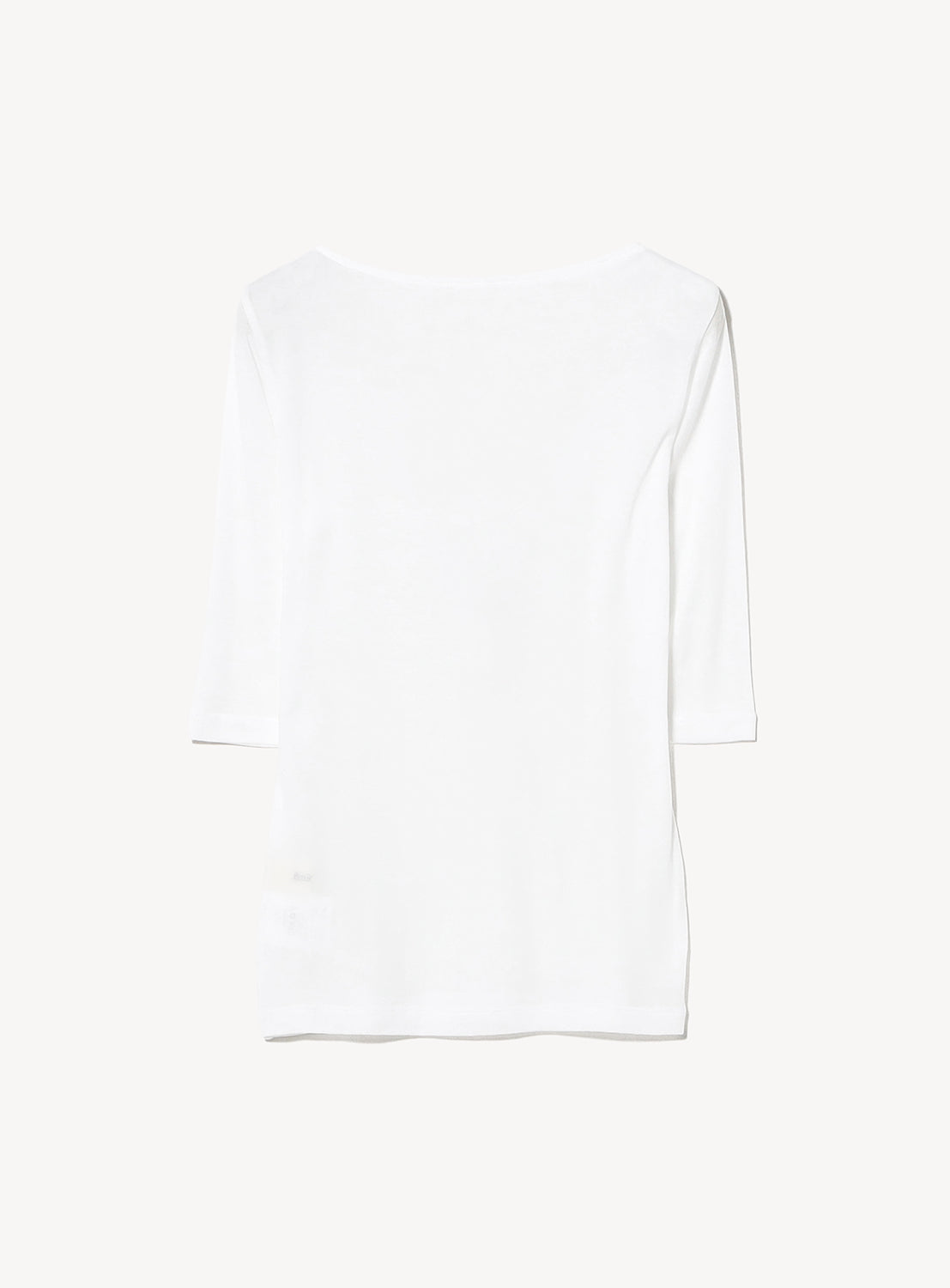 The Ernie Palo Sheer Henley Neck T-Shirt is a lightweight three-quarter sleeve top in plain white, laid flat and viewed from the back—ideal for those who appreciate subtle, feminine style.