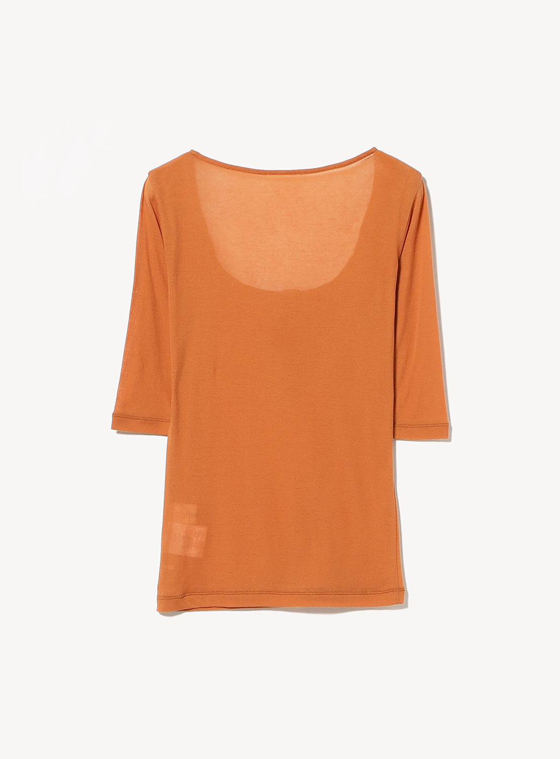 The Ernie Palo Sheer Henley Neck T-Shirt is a lightweight, orange half-sleeve top with a wide neckline and slightly translucent fabric, shown on a white background.