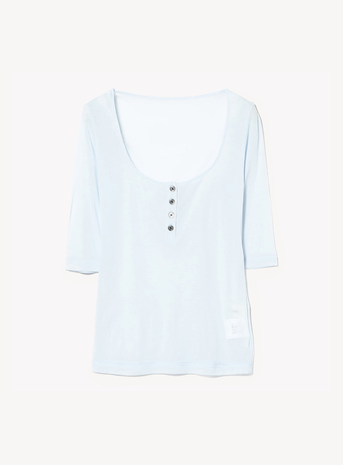 The Ernie Palo Sheer Henley Neck T-Shirt features a light blue, lightweight cut-and-sew design with three-quarter sleeves, a scoop neckline, and four front buttons. Displayed flat on a white background for effortless style.