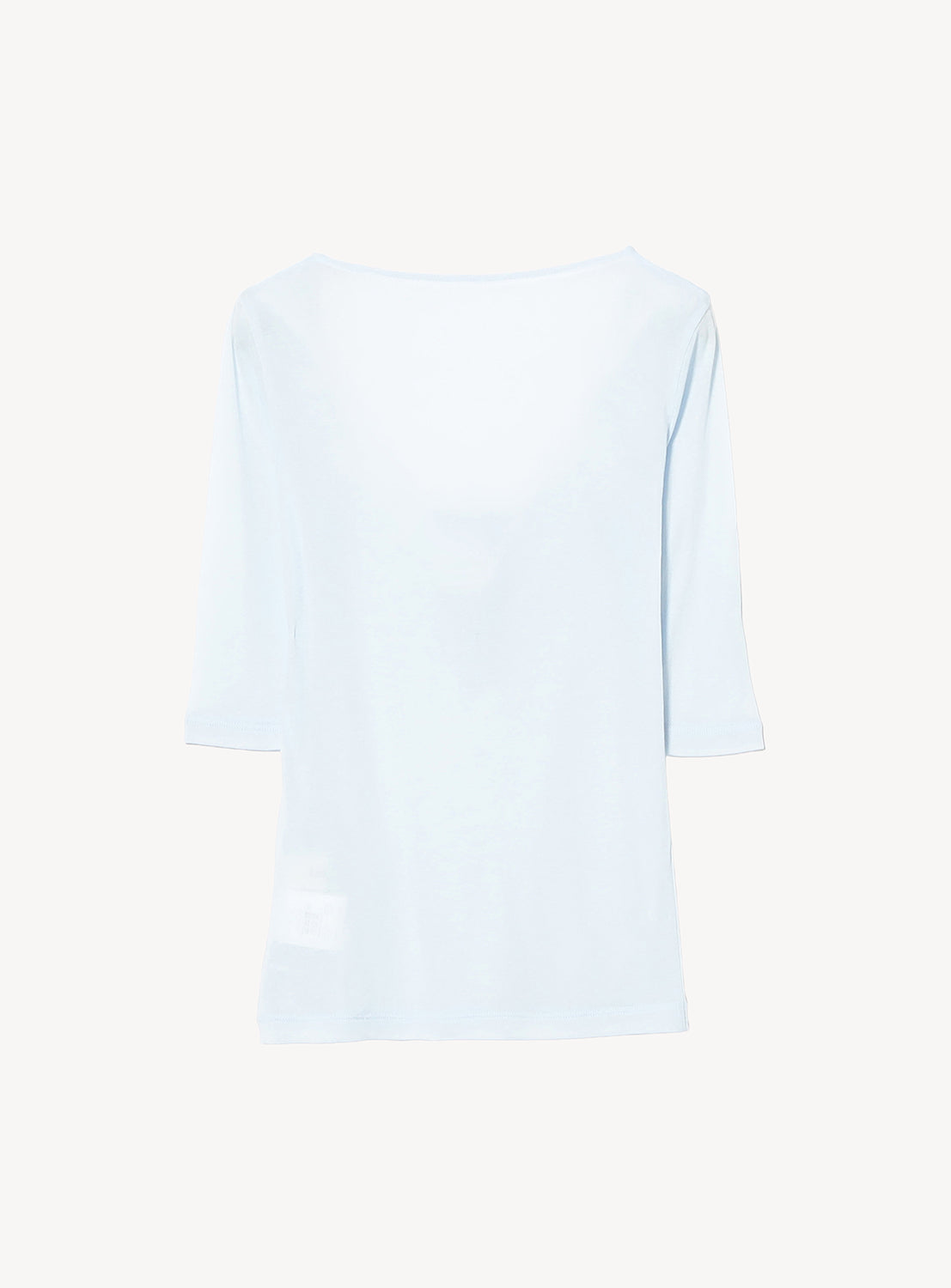 The Ernie Palo Sheer Henley Neck T-Shirt is shown from the back on a white background, featuring a light blue, lightweight design with three-quarter sleeves and subtle feminine touches, free from patterns or logos.