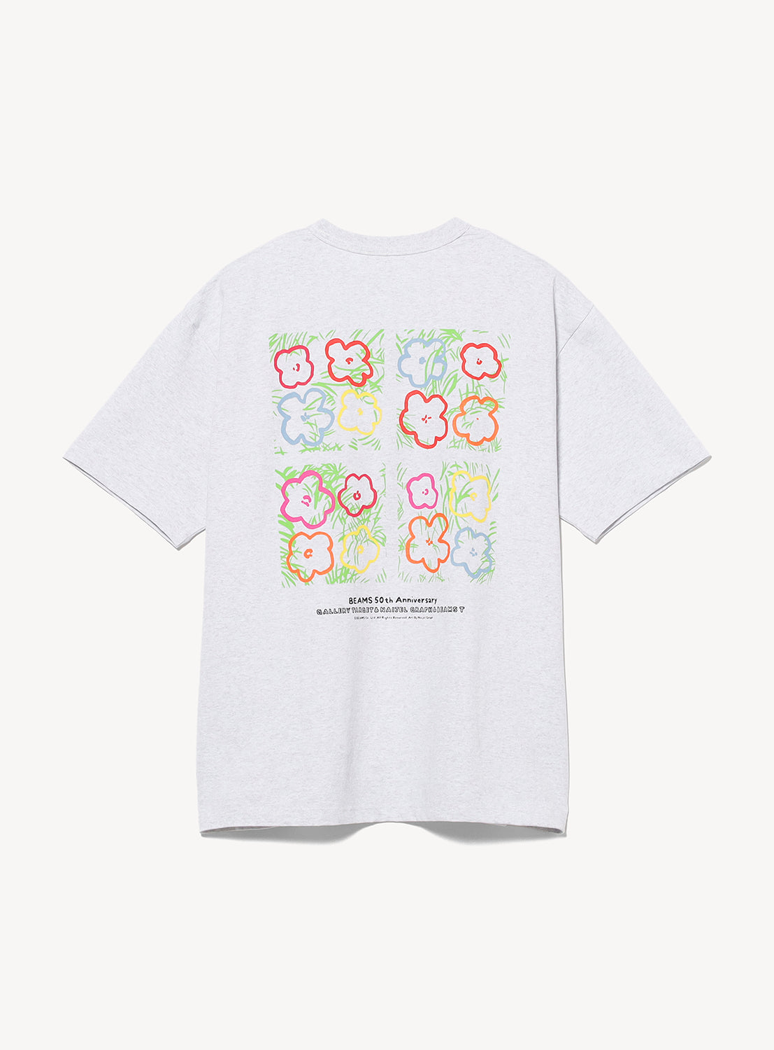 The BEAMS T NAIJEL GRAPH T-shirt is a light gray, heavyweight tee with a vivid 3x3 grid of abstract flowers on the back and small text below, designed for the BEAMS 50th anniversary.