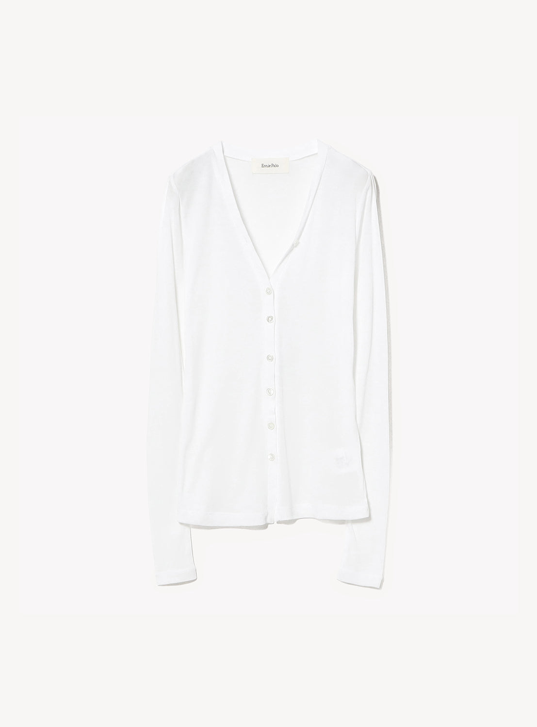 The Sheer V-Neck Cardigan by Ernie Palo is showcased against a white background, featuring a deep V-neckline, front button closure, and long sleeves. Crafted from lightweight cotton, it ensures comfort and breathability for everyday wear.