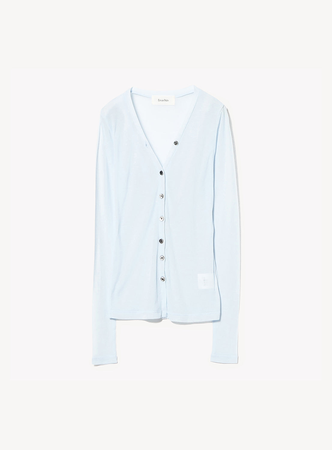 The Ernie Palo Sheer V-Neck Cardigan is a light blue, long-sleeve piece crafted from lightweight cotton with a subtle sheer finish, featuring a deep V-neckline and front button closure, displayed against a plain white background.