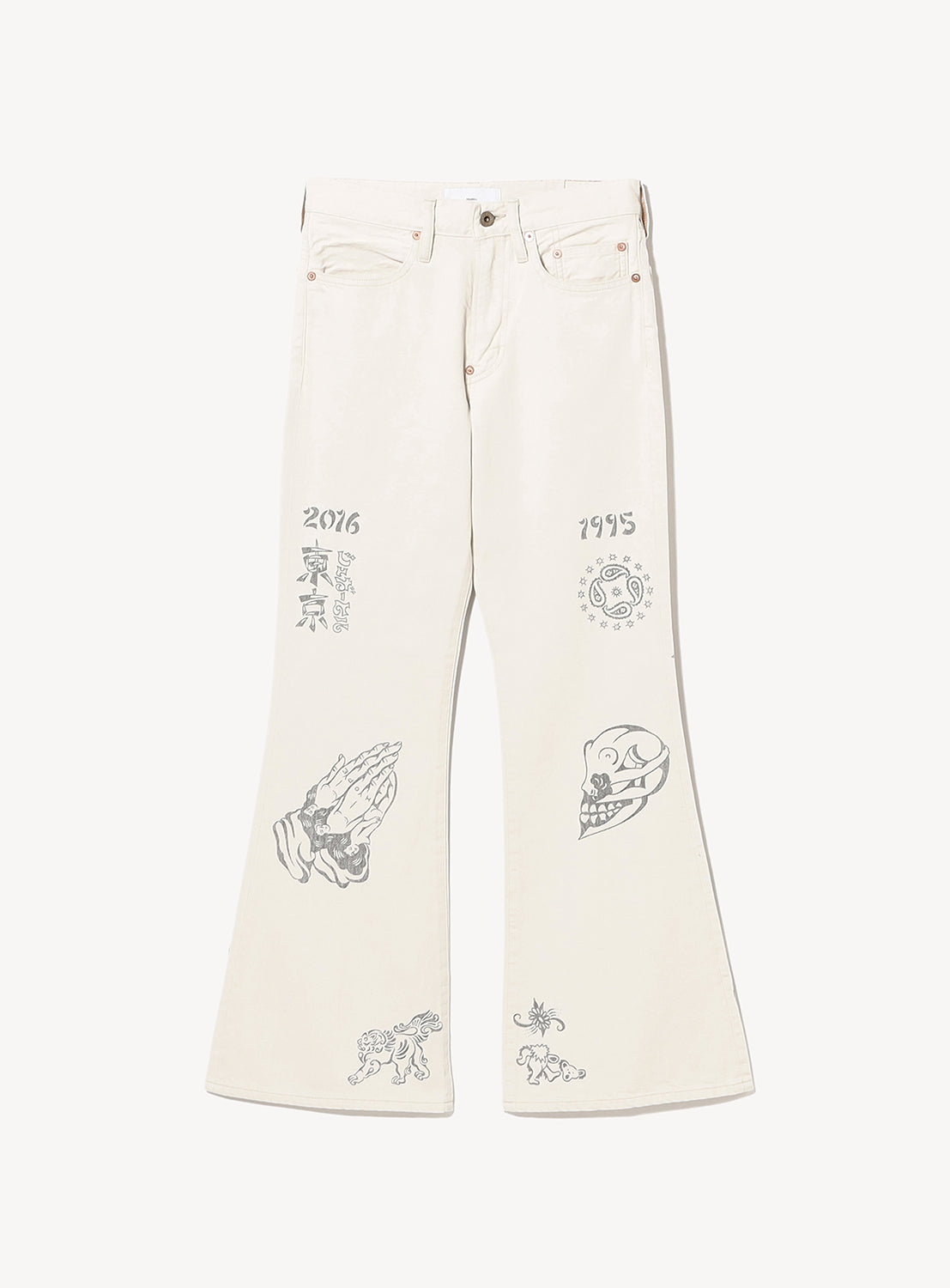 SUGARHILL’s Tattoo Flash Print Modern Denim Flared Cut jeans in white premium Okayama denim feature bold black prints—praying hands, skull, 2016/1995 dates, animals, and symbolic tattoo-inspired artwork on the front.