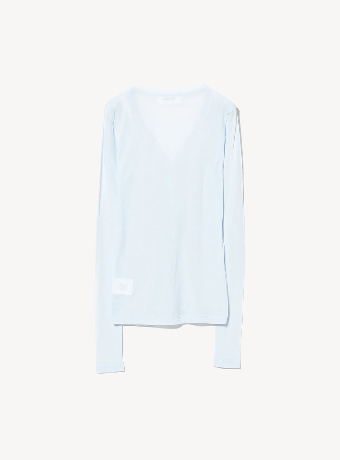 The Ernie Palo Sheer V-Neck Cardigan is a light blue, long-sleeve lightweight cotton piece displayed flat on a white background, featuring a deep V-neckline and a small white tag on the lower left side.
