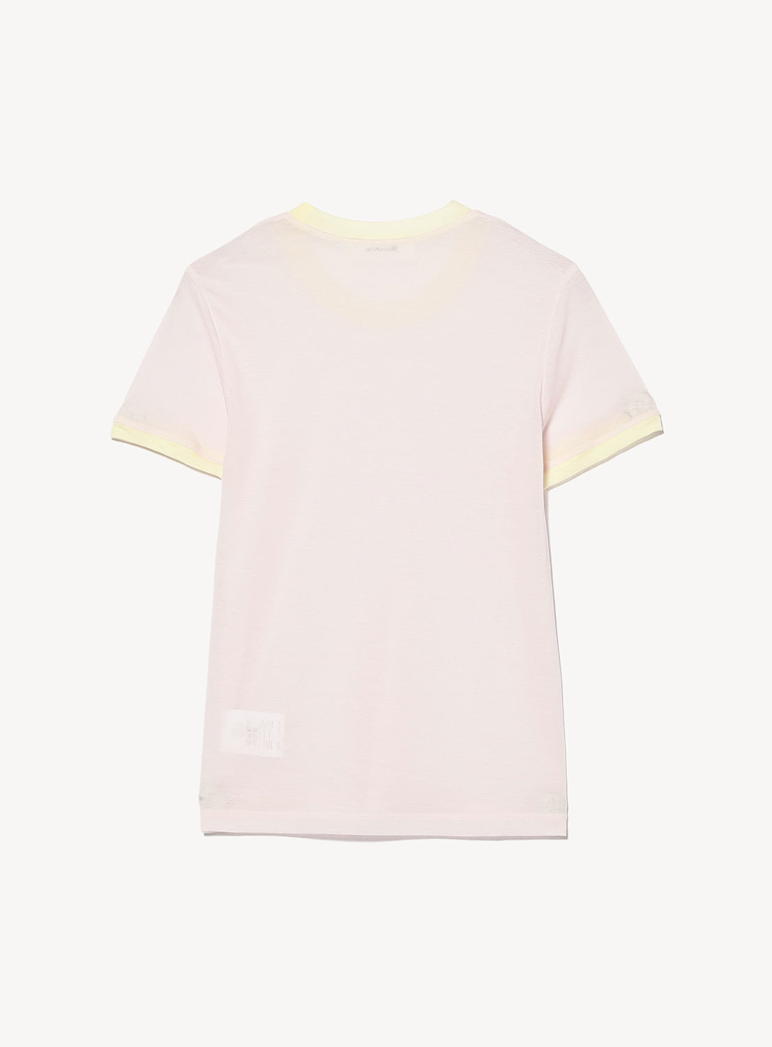 The Ernie Palo Ringer T-shirt features a light pink cotton-nylon blend with yellow trim on the collar and sleeve cuffs. Displayed flat on a white background, it showcases its feminine silhouette and back design.