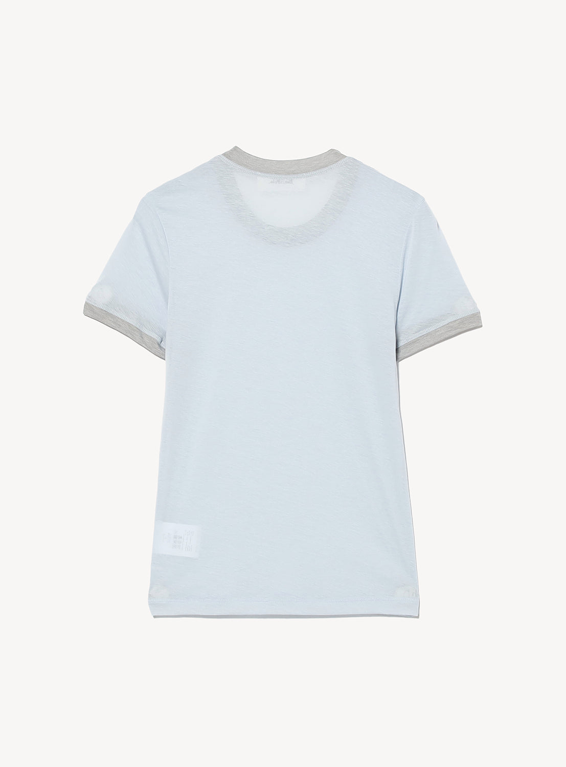 The Ernie Palo Ringer T-shirt is light blue with gray trim on the collar and sleeve cuffs, made from a soft cotton-nylon blend and shown flat against a white background.
