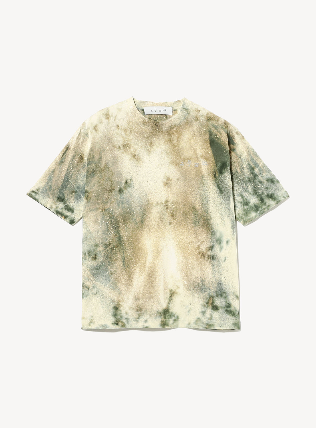 The Logo Tie Dye Tee by YUKIDYE for BAL is a hand-dyed short-sleeve T-shirt featuring a green and beige tie-dye pattern, shown against a plain white background.