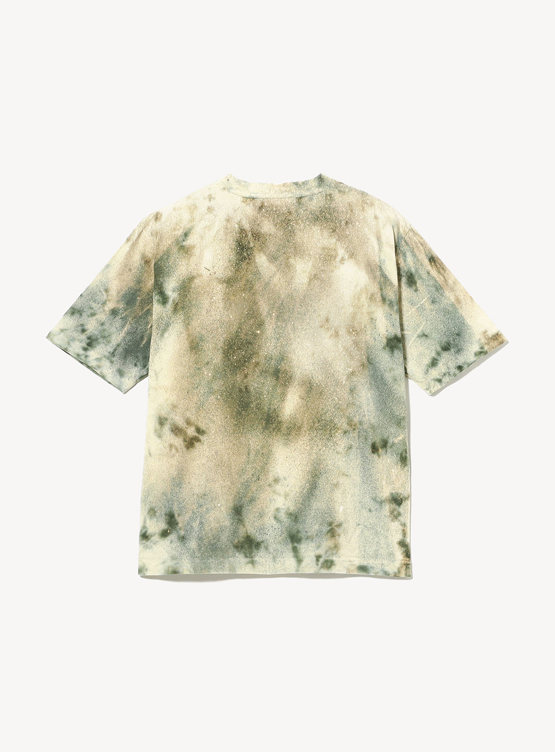 The BAL Logo Tie Dye Tee by YUKIDYE is a short-sleeved T-shirt, hand-dyed in green and beige on light fabric, shown laid flat with the back side facing up against a plain white background.