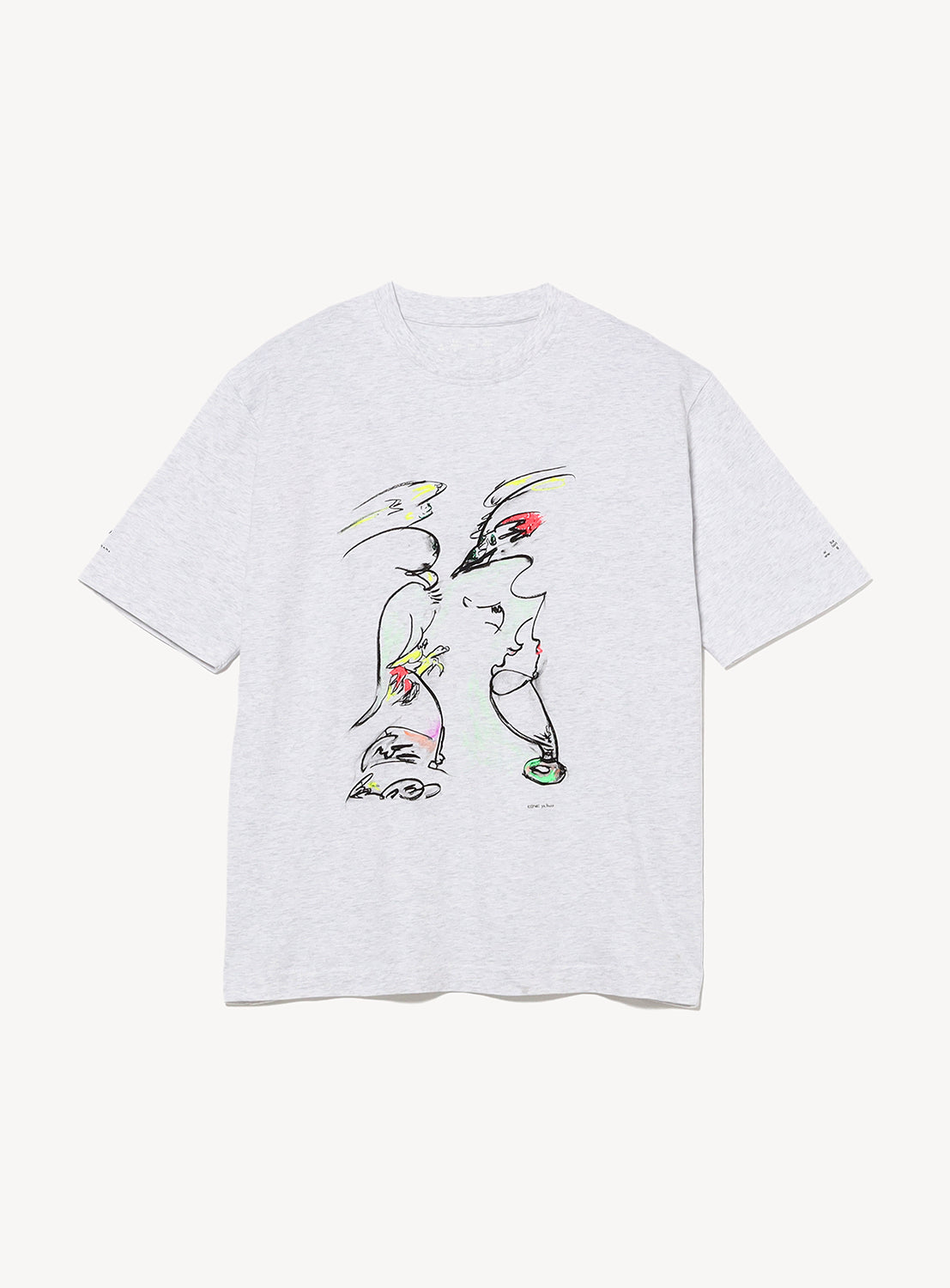 A light gray short-sleeve BAL Kensei Yabuno T-shirt featuring an abstract, colorful line drawing with black, red, yellow, and green shapes on the front.