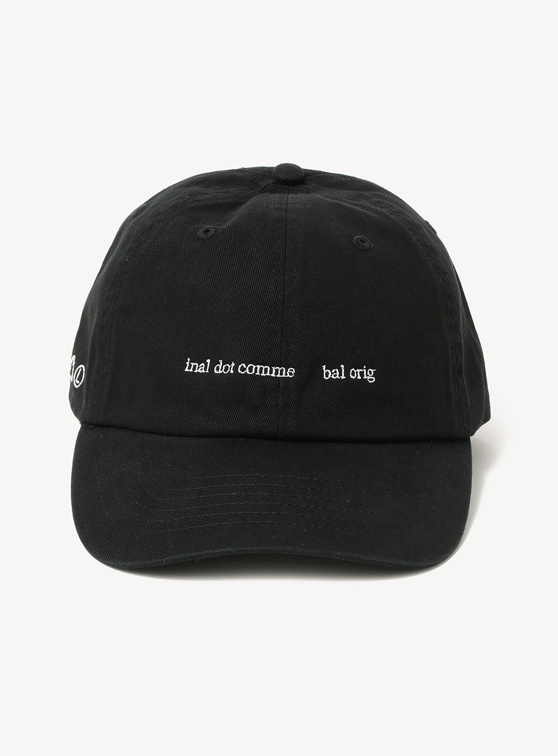 Introducing the BAL Cotton 6-Panel Hat: a black cotton twill cap with a slightly curved brim, featuring white embroidered text reading "inal dot comme bal orig" on the front. The low-profile design offers a modern edge, while the simple white backdrop accentuates the details of this embroidered graphic hat.