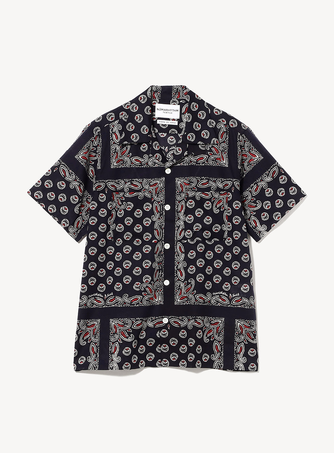 The Paisley Open Collar Shirt by NOMARHYTHM TEXTILE features a short-sleeve design with an open collar, showcasing a black base adorned with white and red paisley prints and geometric patterns in a patchwork style, crafted from premium NOMARHYTHM TEXTILE fabric.