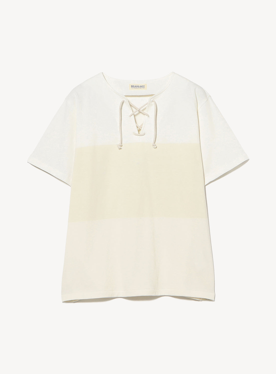 The BEAMS BOY Wide Border Lace-Up Short Sleeve Top features off-white fabric with subtle beige stripes and a lace-up neckline with cream drawstrings.