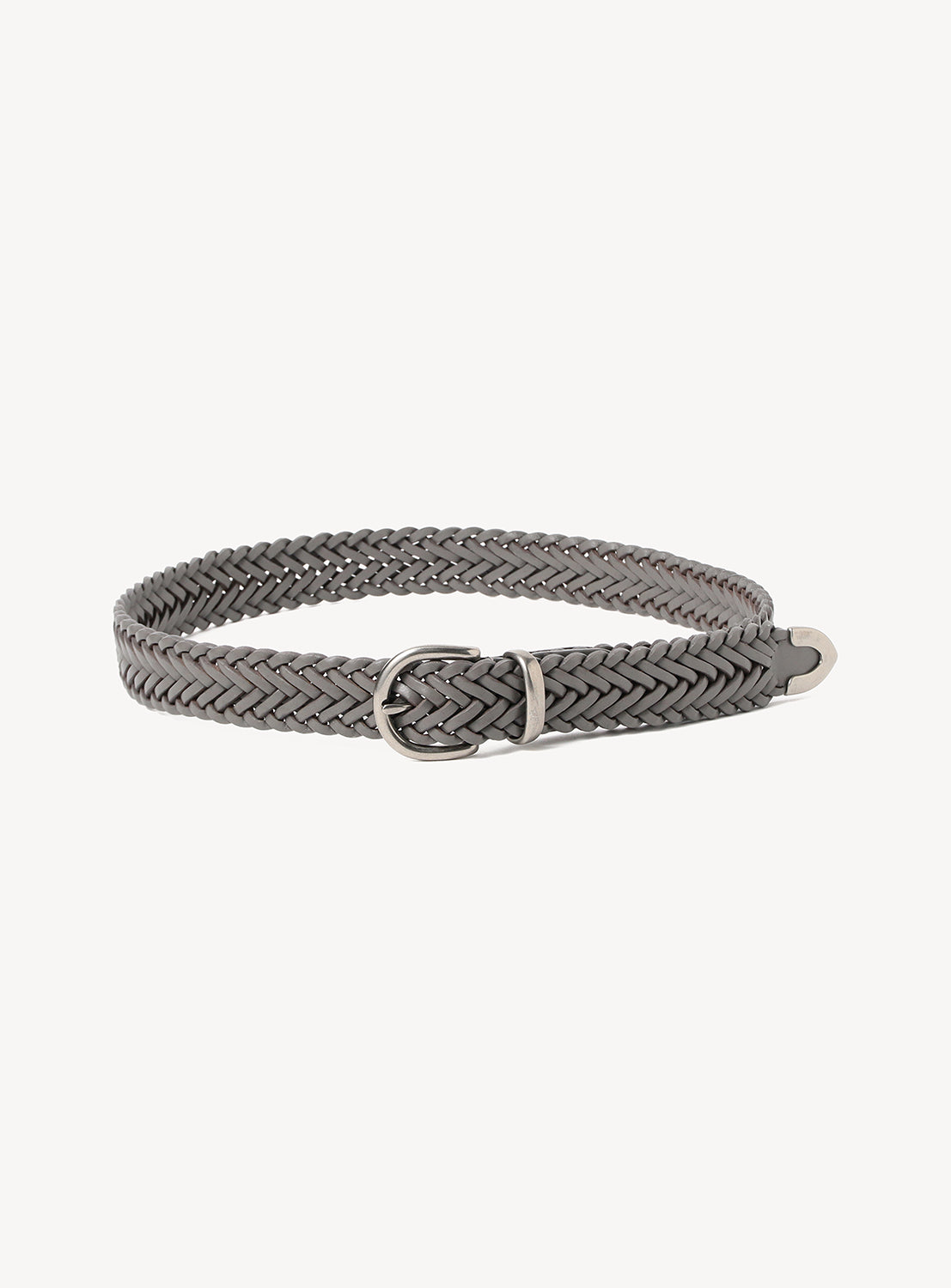 The BEAMS Vibrant Mesh Belt, featuring a slim, braided gray leather design and a small silver buckle, is coiled neatly on a plain white background.