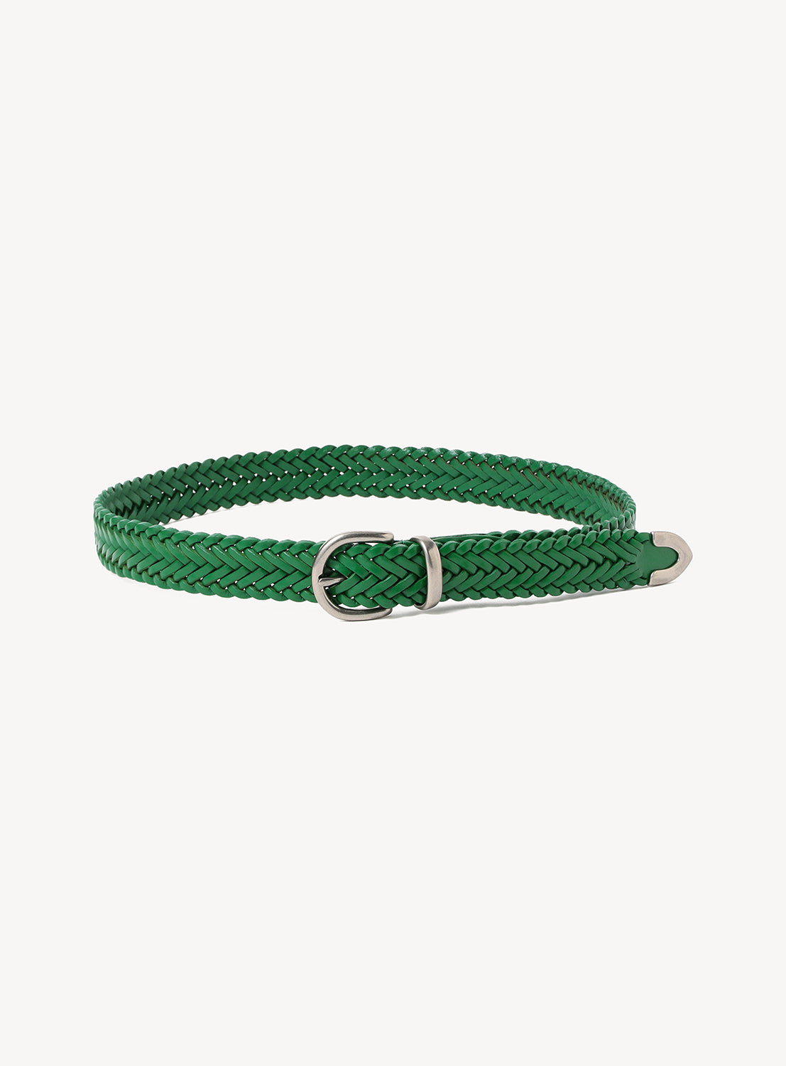 Green braided belt with a silver buckle on a white background