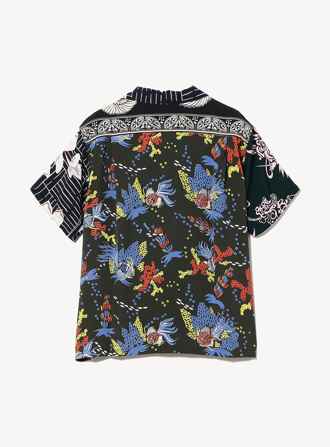 The SUN SURF Exclusive Patchwork Aloha Shirt 26SS is a short-sleeve button-up with bold blue, red, and yellow floral and abstract patterns on black, plus white geometric stripes—ideal for vintage aloha shirt fans.