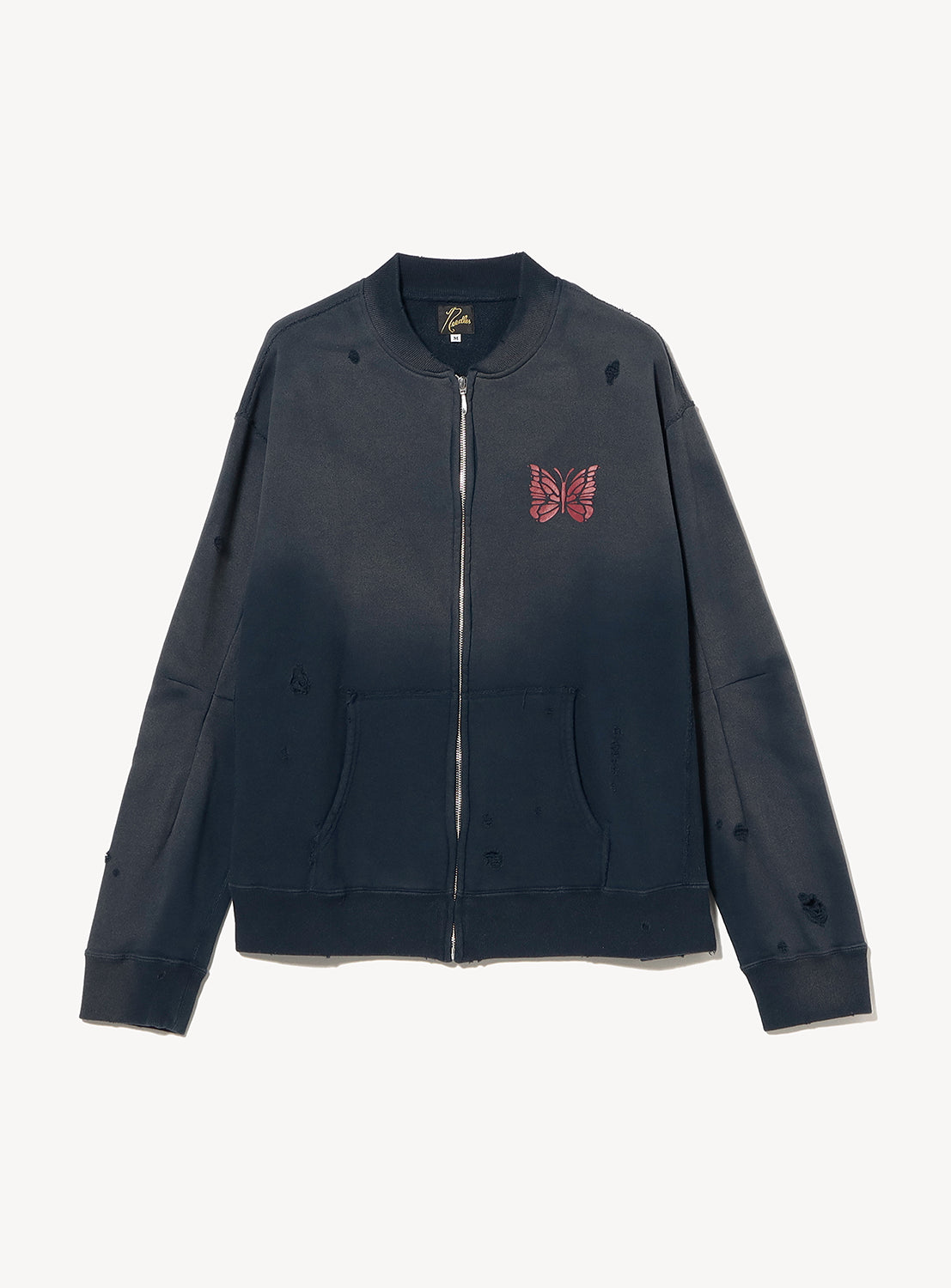 Front view of a dark charcoal zip-up sweatshirt featuring a relaxed silhouette, full front zipper, ribbed collar, cuffs, and hem, and a large kangaroo pocket. Finished with a faded vintage wash, distressed detailing throughout, and a contrasting embroidered butterfly logo on the left chest.