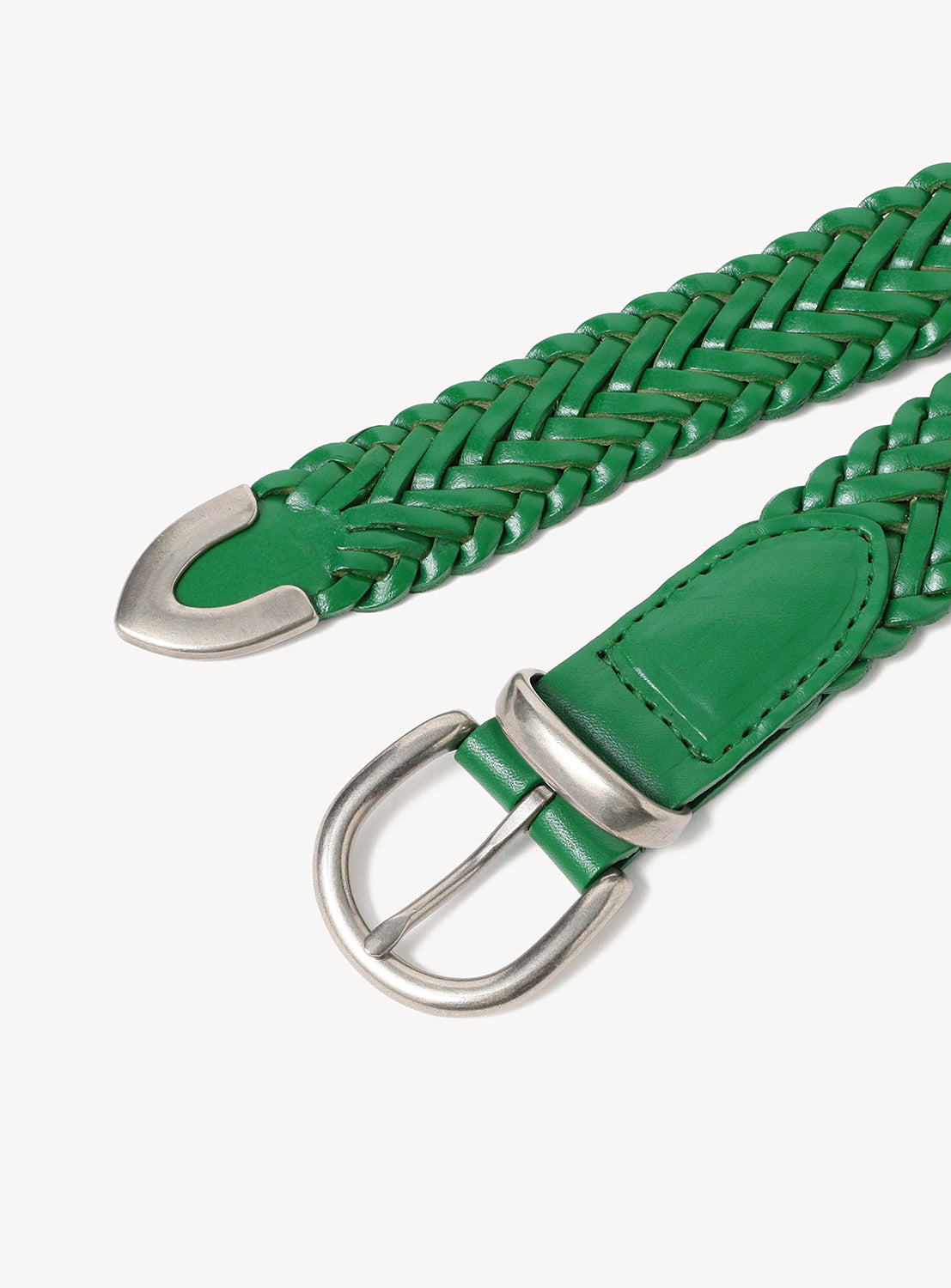 Green braided belt with silver buckle on a white background