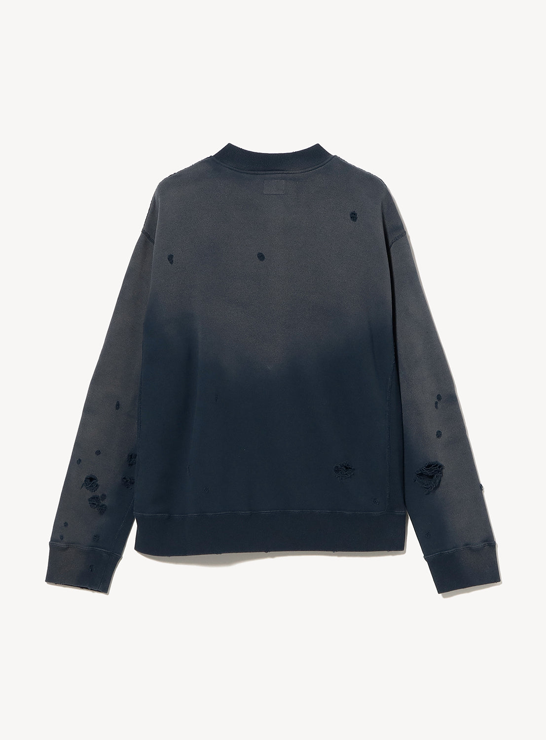 Back view of a dark charcoal zip-up sweatshirt showcasing a faded vintage finish and distressed detailing across the back and sleeves. The relaxed silhouette, ribbed collar, cuffs, and hem emphasize its worn-in, vintage-inspired aesthetic.