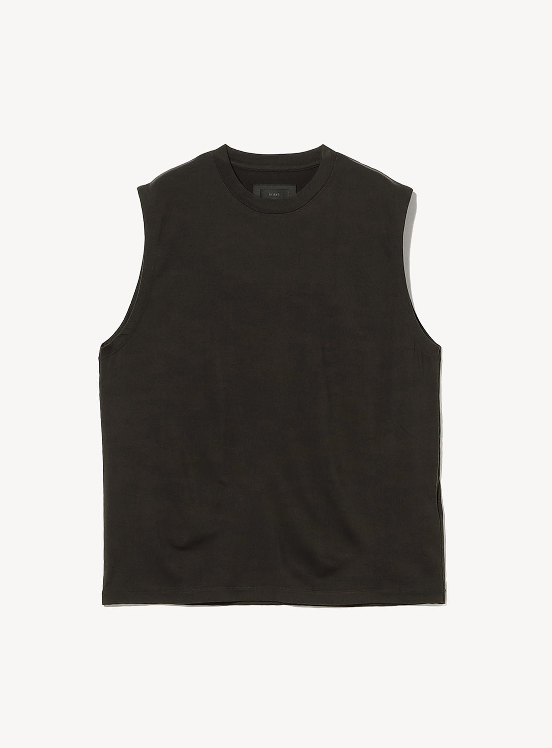 The A - Washable Merino Wool Sleeveless Top by BEAMS is a black wool top featuring minimalist design and a classic crew neck, shown flat on a white background.