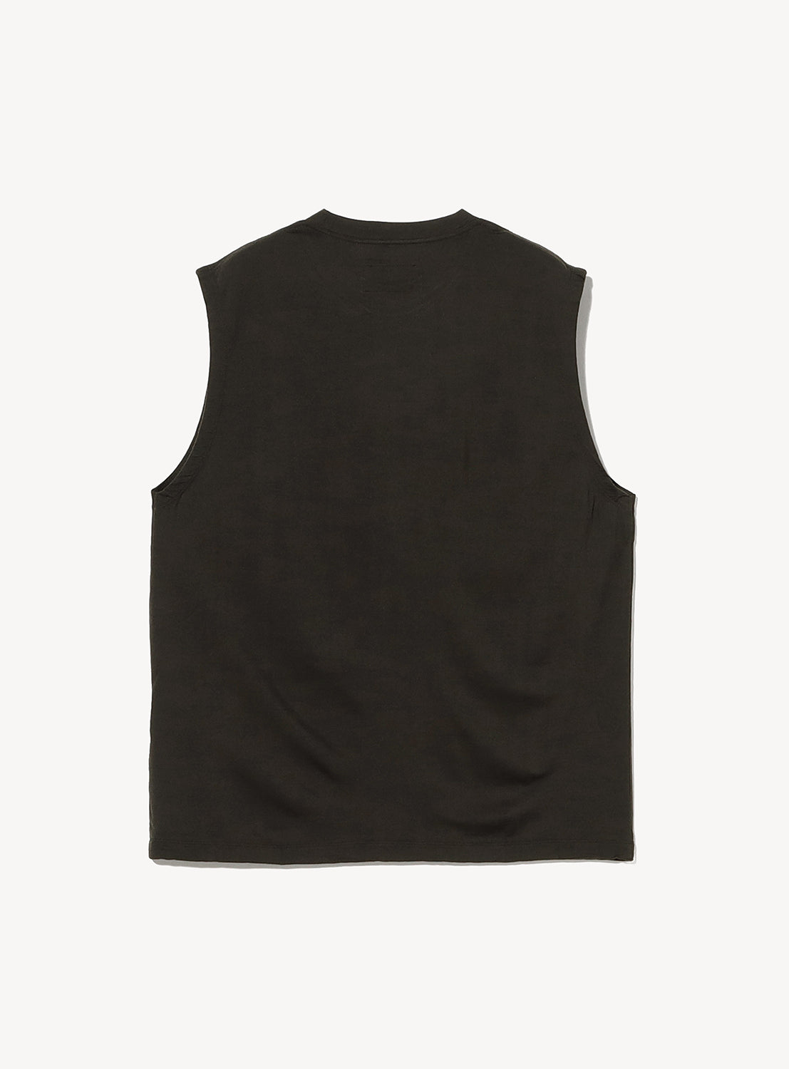 The BEAMS A - Washable Merino Wool Sleeveless Top in plain black is shown laid flat, back facing up against a white background, highlighting its minimalist design and easy-care merino wool fabric.