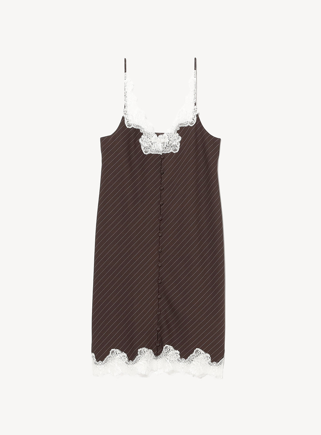 The KANAKO SAKAI Lace Trimmed Slip Dress features a brown base with thin white regimental stripes, delicate white floral lace detailing along the neckline and hem, and slender spaghetti straps, shown against a plain white background.