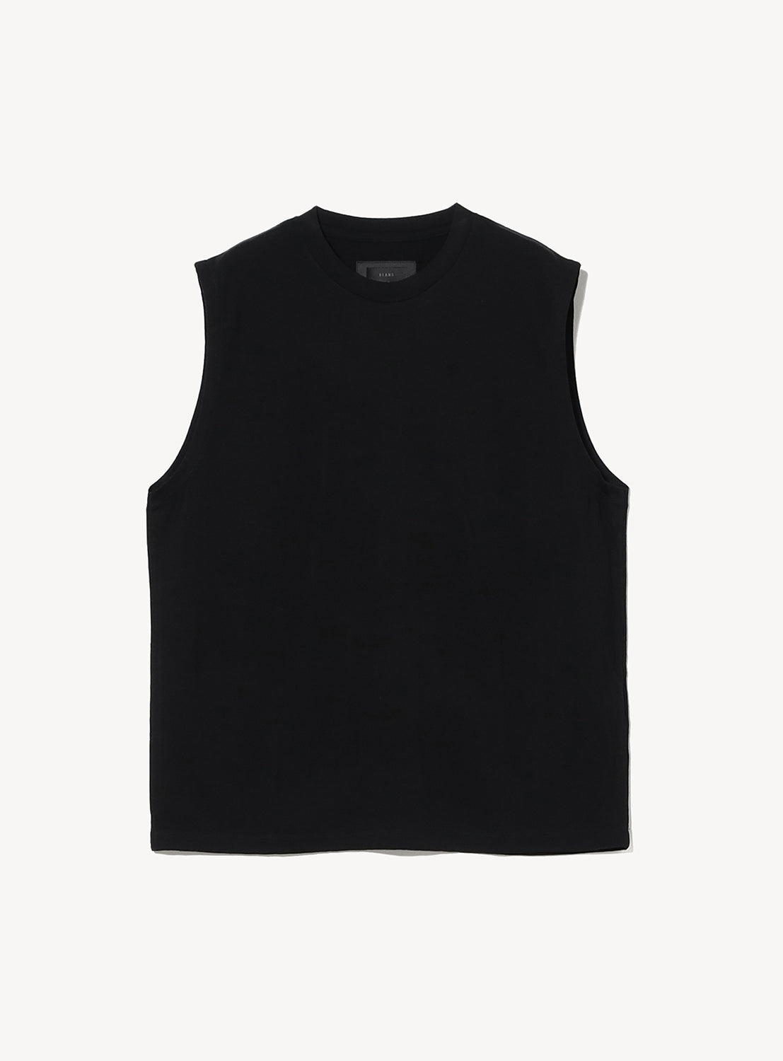 The A - Washable Merino Wool Sleeveless Top by BEAMS, a minimalist plain black tank crafted from soft merino wool, is shown laid flat on a white background.