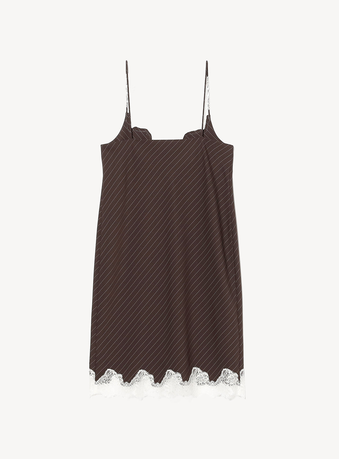 The Lace Trimmed Slip Dress by KANAKO SAKAI is a brown spaghetti strap slip dress featuring thin white regimental stripes and a scalloped floral lace hem at the bottom.
