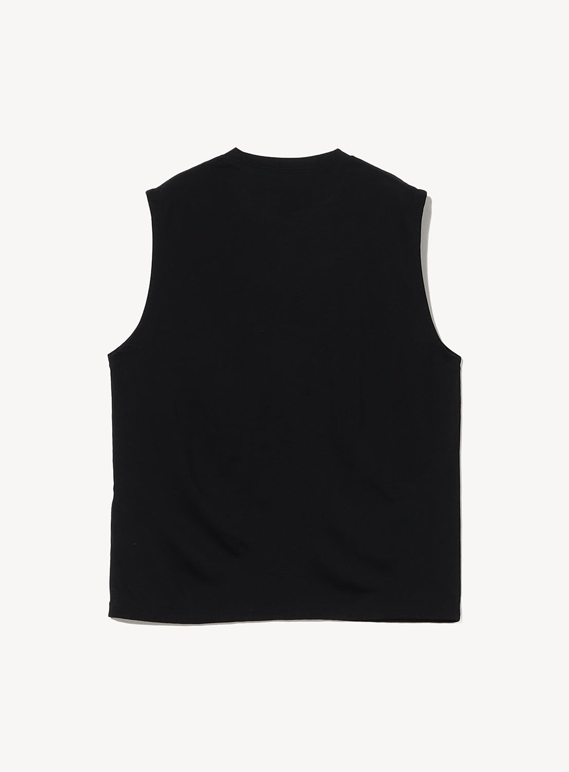 The BEAMS A - Washable Merino Wool Sleeveless Top in black is displayed flat on a white surface, back view, showcasing its minimalist design.