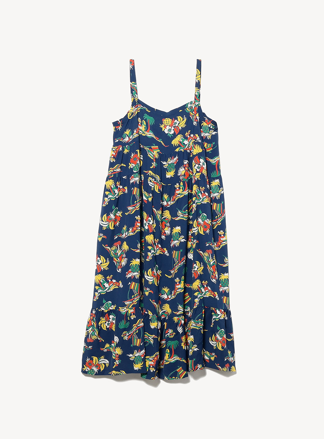 The [Exclusive] SUN SURF Sleeveless Cami Dress by SUN SURF features a navy blue Hawaiian floral and parrot print, adjustable thin straps, ruffled hem, and a loose, flowy fit—ideal for stylish resort wear.