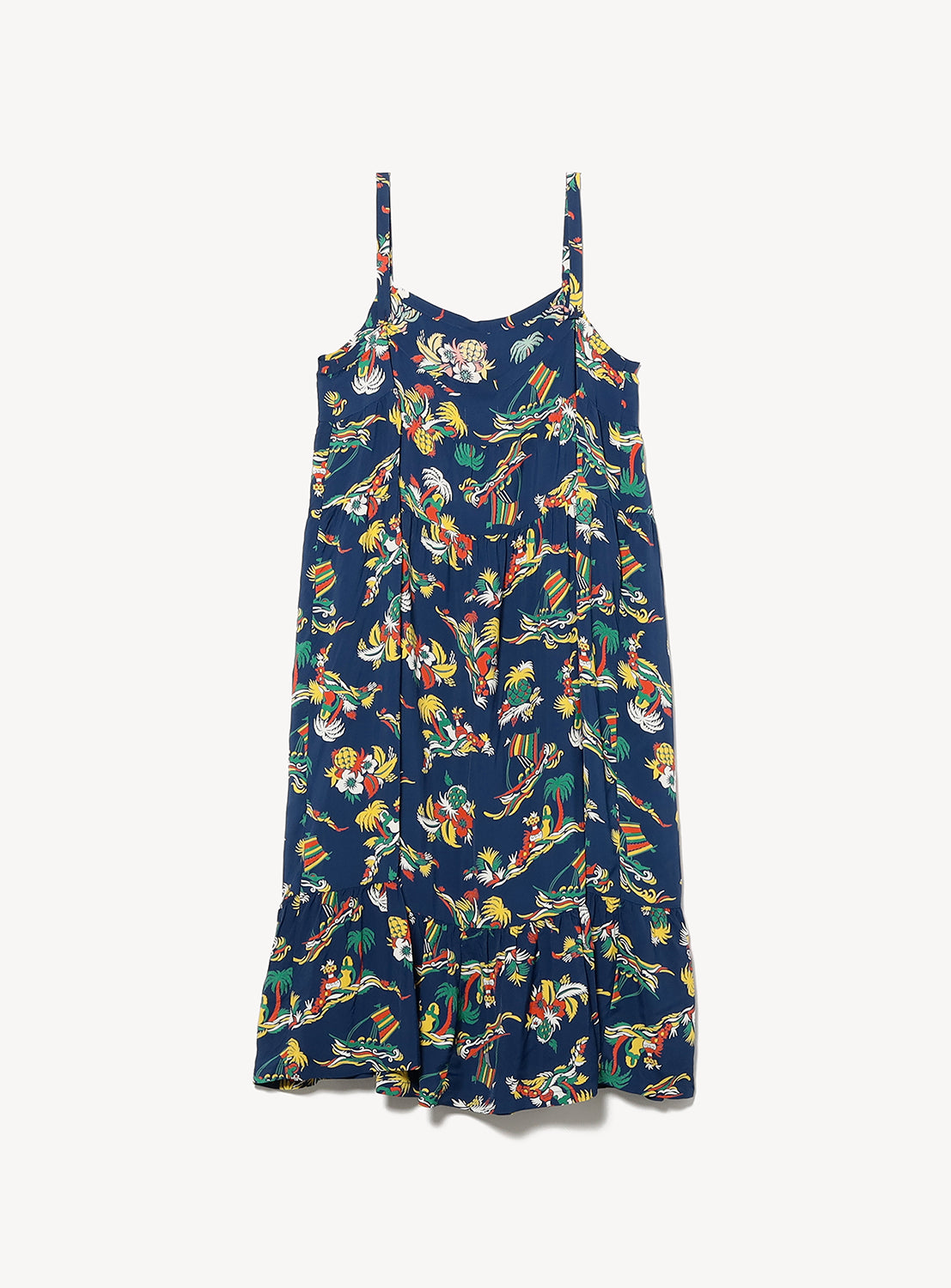 The [Exclusive] SUN SURF Sleeveless Cami Dress by SUN SURF is a navy resort dress with thin straps, colorful floral and bird prints inspired by Hawaiian designs, and a ruffled hem, shown against a plain white background.